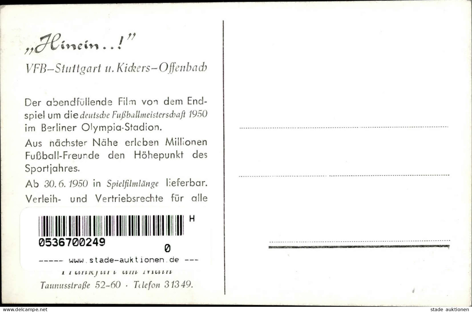 Sport Werbung Hinein Film Vom Endspiel Um Die Deutsche Fußballmannschaft 1950 I-II Publicite - Jeux Olympiques