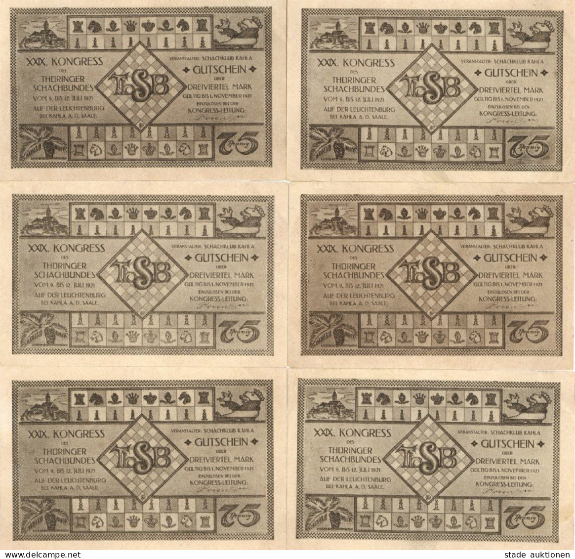 Schach Notgeld Kahla XXIX. Kongress Des Thüringer Schachbundes 1921 Lot Mit 6 Geldscheinen - Ajedrez