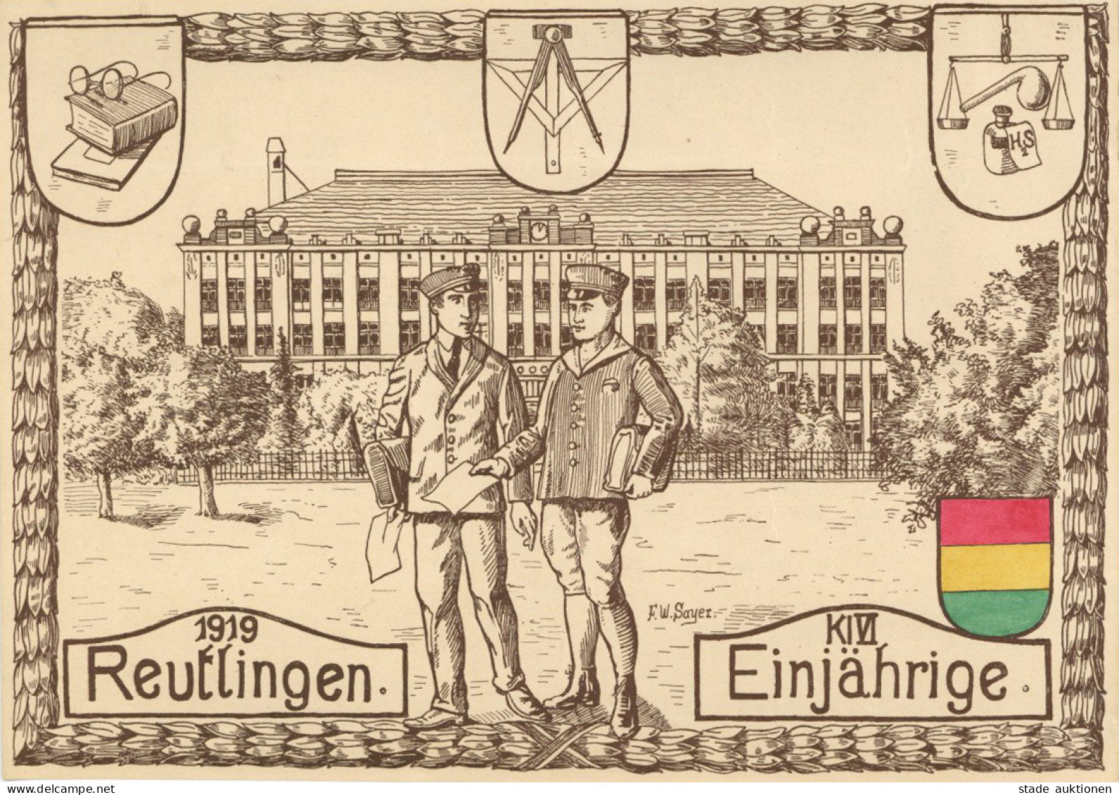 Studentika Bild (20x29 Cm) Reutlingen 1919 KIVI Einjährige Von Sayer, F.W. II - Schulen