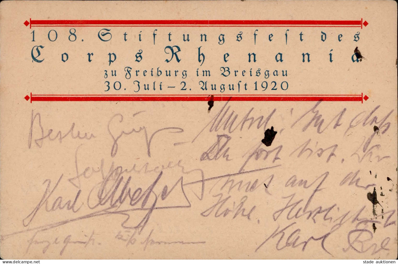 Studentika Freiburg I.Breisgau 108. Stiftungsfest Des Corps Rhenania 1920 I-II (fleckig) - Escuelas