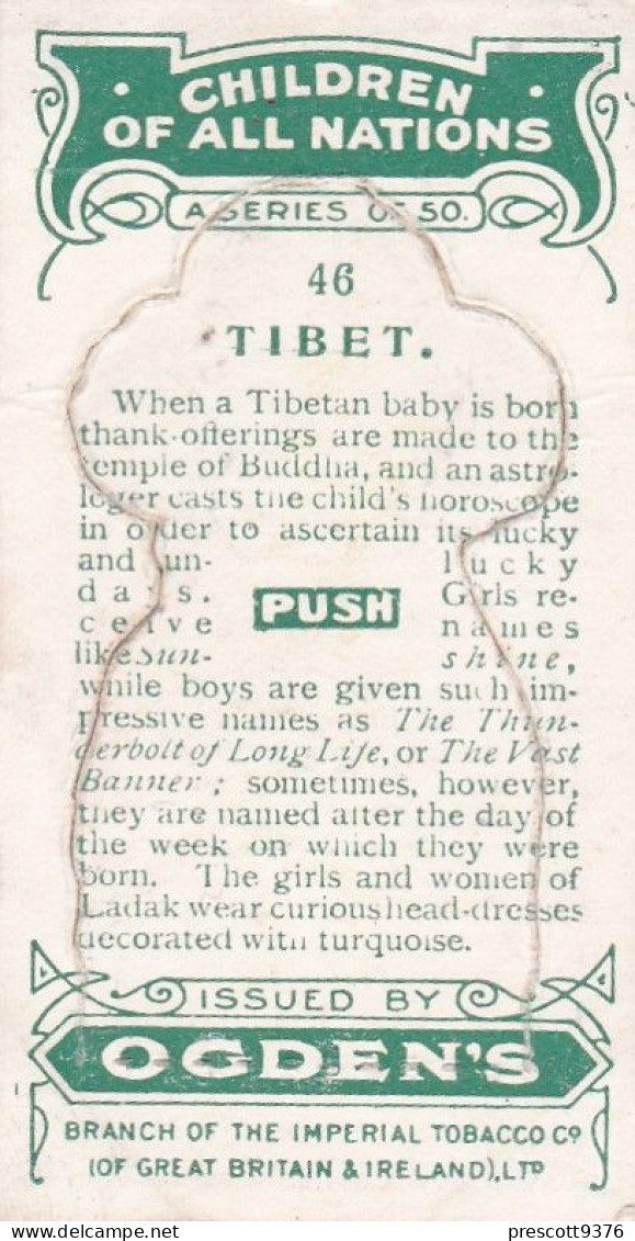 46 Tibet - Children Of All Nations 1924  - Ogdens  Cigarette Card - Original, Antique, Push Out - Ogden's