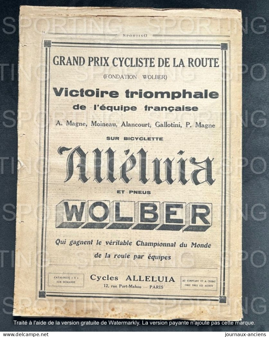 1927 Rare Revue Sportive " SPORTING " CYCLISME - COURSE DE GAILLON - FOOTBALL LEVALLOIS - RUGBY - ATHLÉTISME - BOXE
