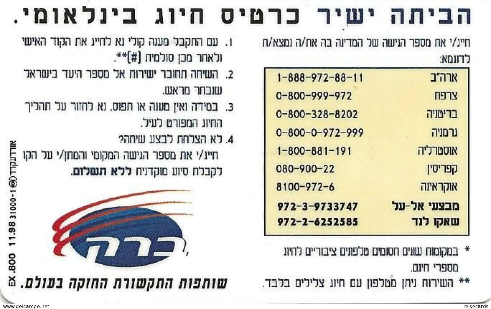 Israel: Prepaid Barak - EL AL, Shako Land 1 - Israel