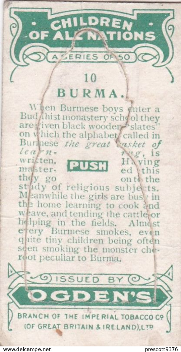 10 Burma - Children Of All Nations 1924  - Ogdens  Cigarette Card - Original, Antique, Push Out - Ogden's