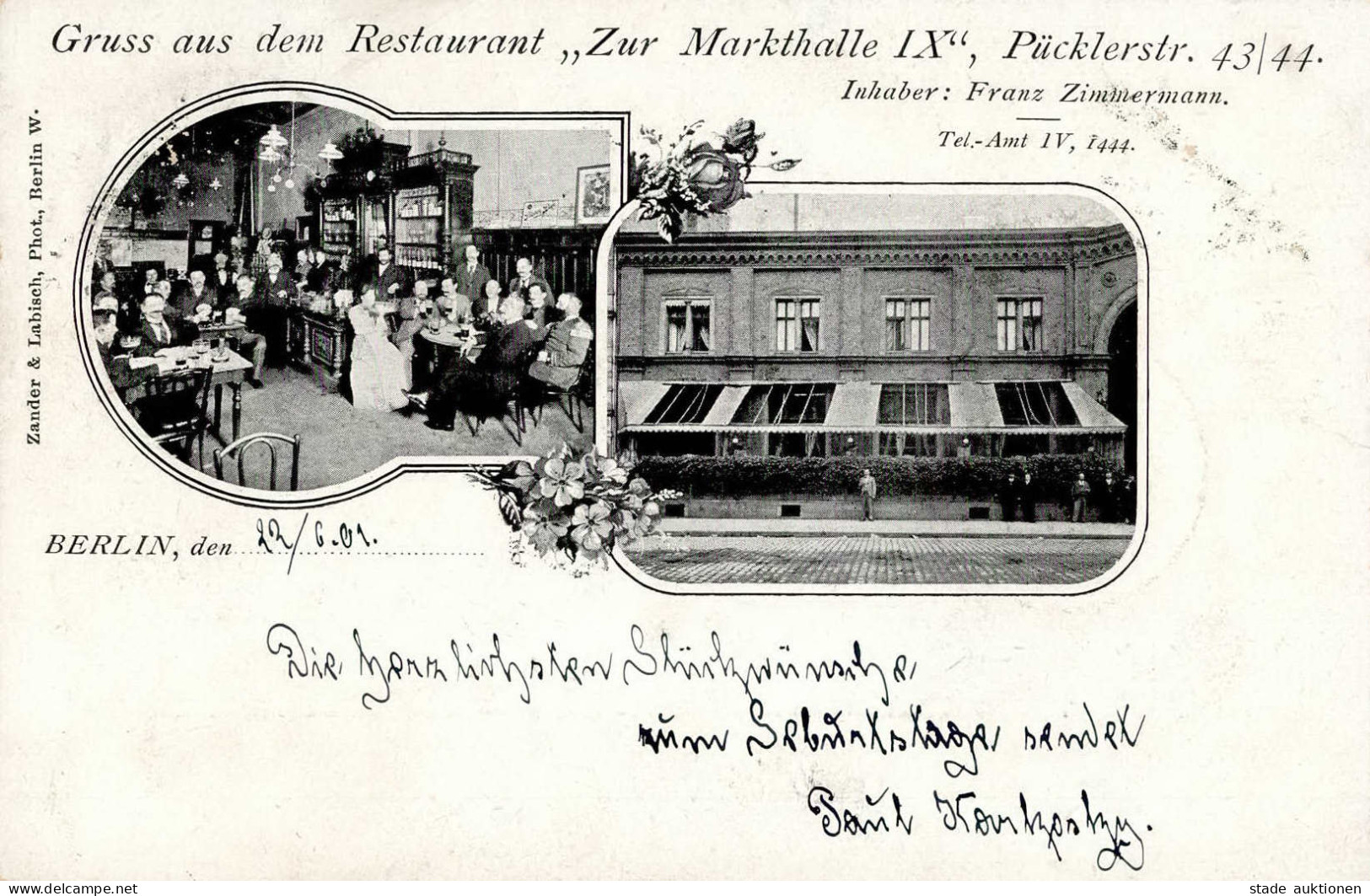 Berlin (1000) Restaurant Zur Markthalle IX Inh. Zimmermann, Franz 1901 I-II - Plötzensee