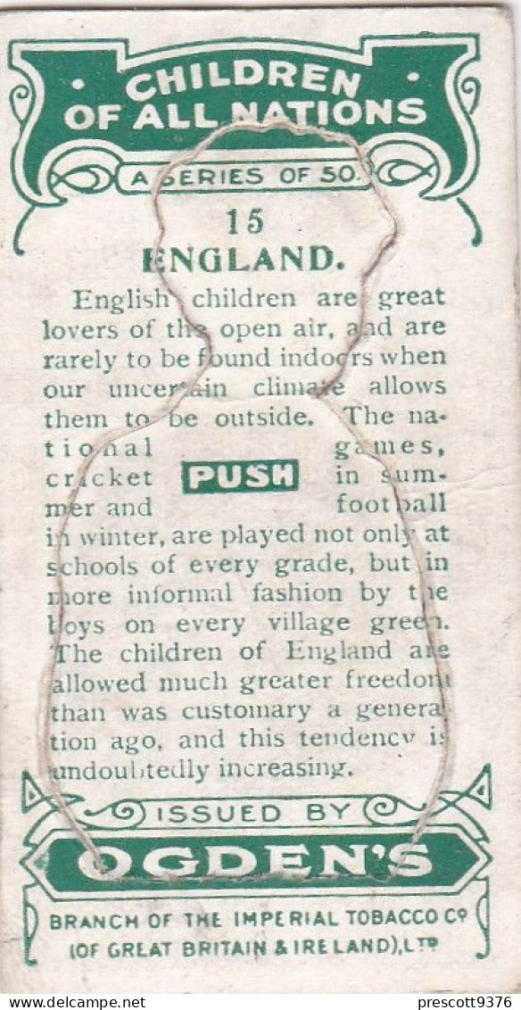 15 England - Children Of All Nations 1924  - Ogdens  Cigarette Card - Original, Antique, Push Out - Ogden's