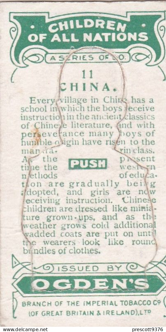 11 China - Children Of All Nations 1924  - Ogdens  Cigarette Card - Original, Antique, Push Out - Ogden's