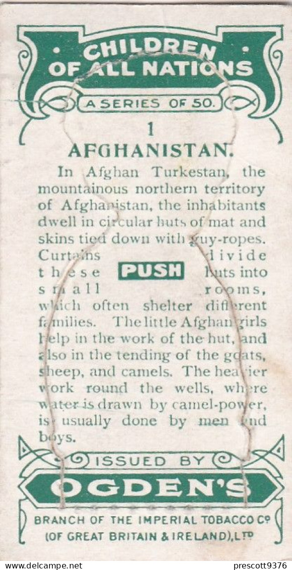 1 Afghanistan Turkestan - Children Of All Nations 1924  - Ogdens  Cigarette Card - Original, Antique, Push Out - Ogden's