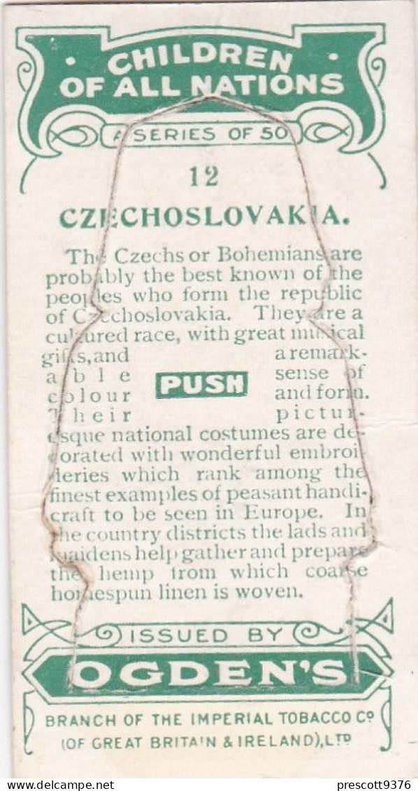 12 Czechoslovakia - Children Of All Nations 1924  - Ogdens  Cigarette Card - Original, Antique, Push Out - Ogden's