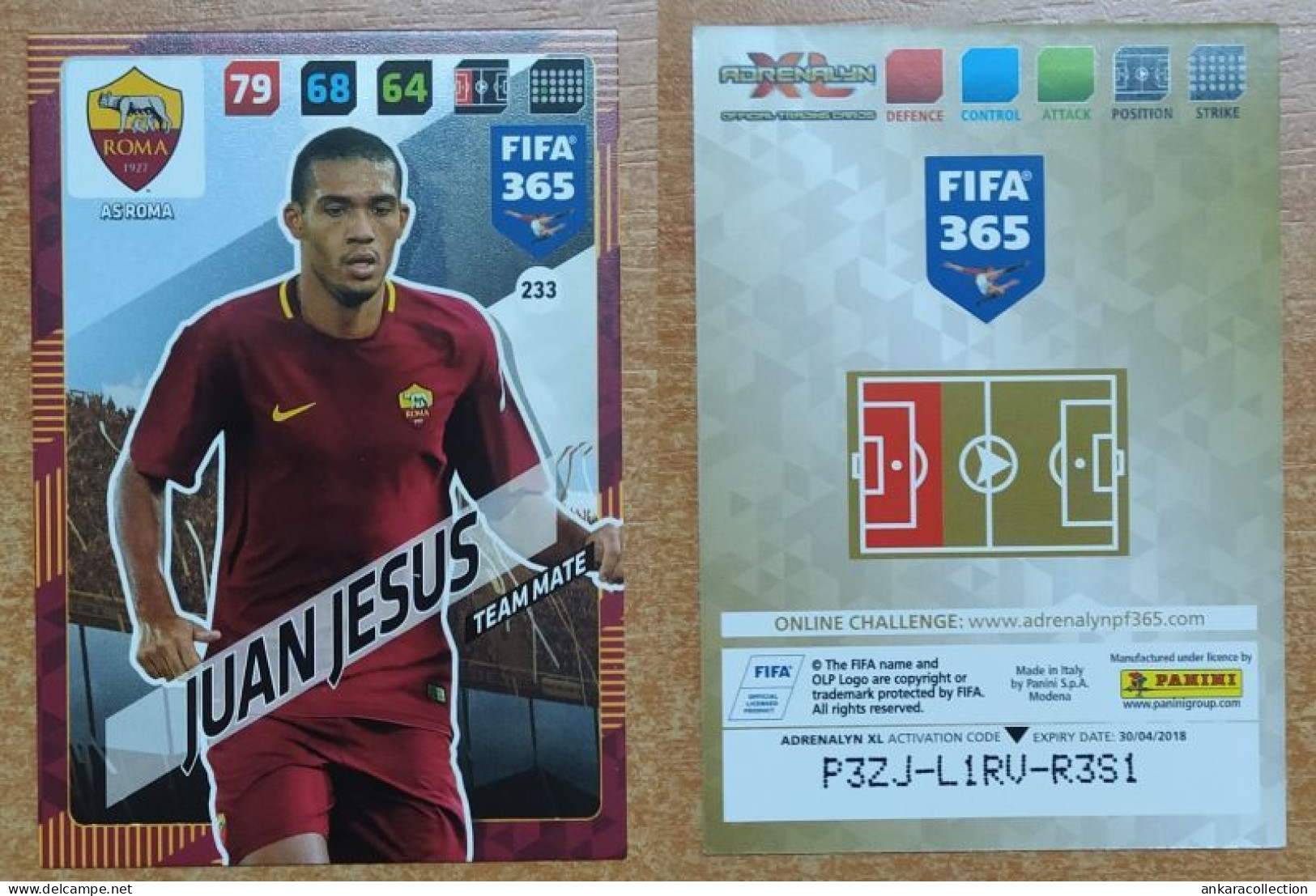 AC - 233 JUAN JESUS  AS ROMA  PANINI FIFA 365 2018 ADRENALYN TRADING CARD - Kunstschaatsen