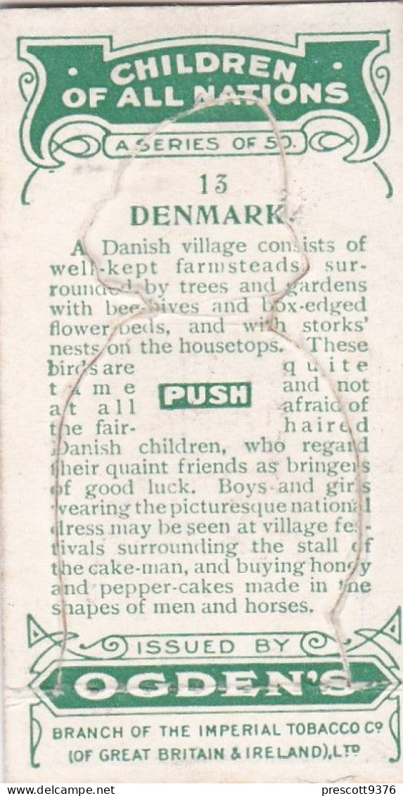 13 Denmark - Children Of All Nations 1924  - Ogdens  Cigarette Card - Original, Antique, Push Out - Ogden's