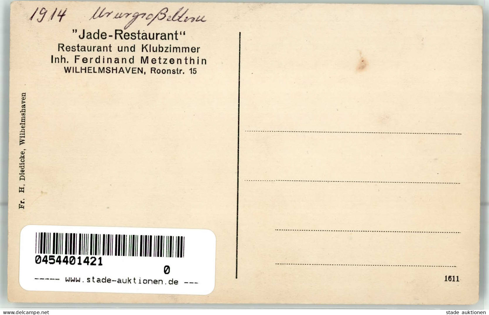 Wilhelmshaven (2940) Restaurant Jade Inh. Metzenthin, Ferdinand Billard Ca. 1914 I-II - Other & Unclassified