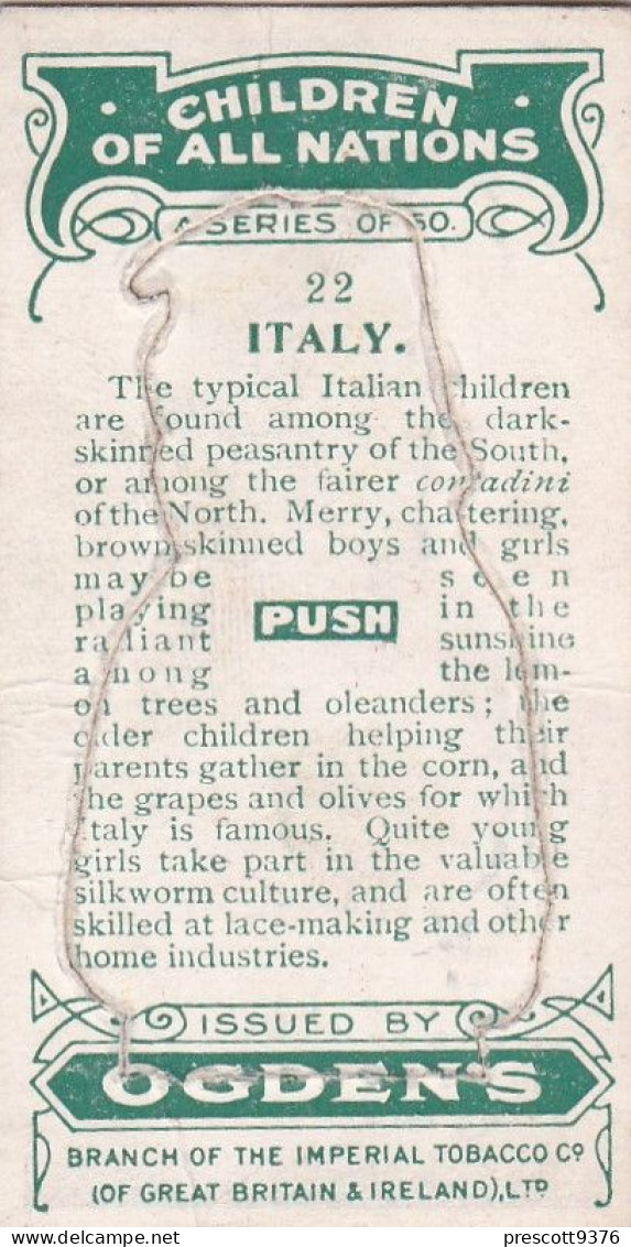 22 Italy - Children Of All Nations 1924  - Ogdens  Cigarette Card - Original, Antique, Push Out - Ogden's