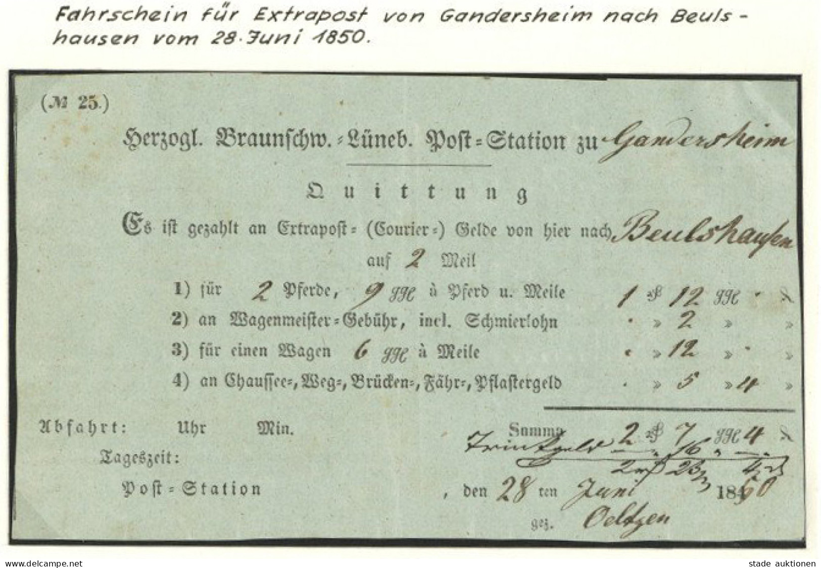 Bad Gandersheim (3353) Fahrschein Für Extrapost Vom 28. Juni 1850 I-II - Other & Unclassified