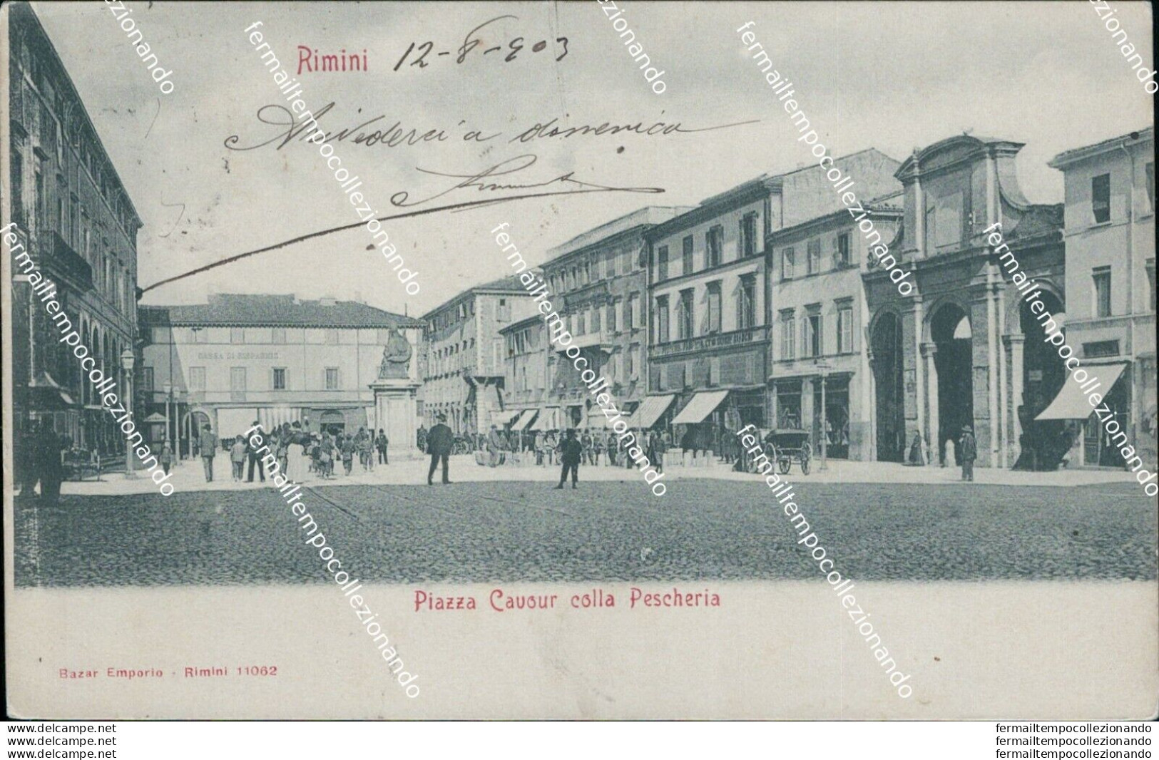 Ba37 Cartolina Rimini Citta' Piazza Cavour Colla Pescheria 1903 Bella! E.romagna - Rimini