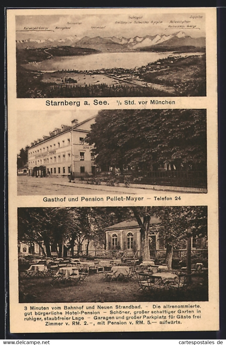 AK Starnberg, Gesamtansicht Mit See Und Umland, Gasthof Und Pension Pellet-Mayer Mit Terrasse  - Starnberg