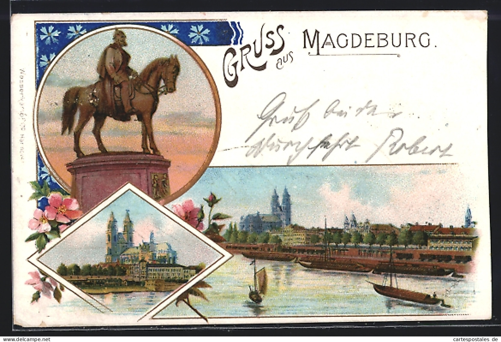 Lithographie Magdeburg, Reiterstatue Und Flusspartie Mit Booten  - Magdeburg