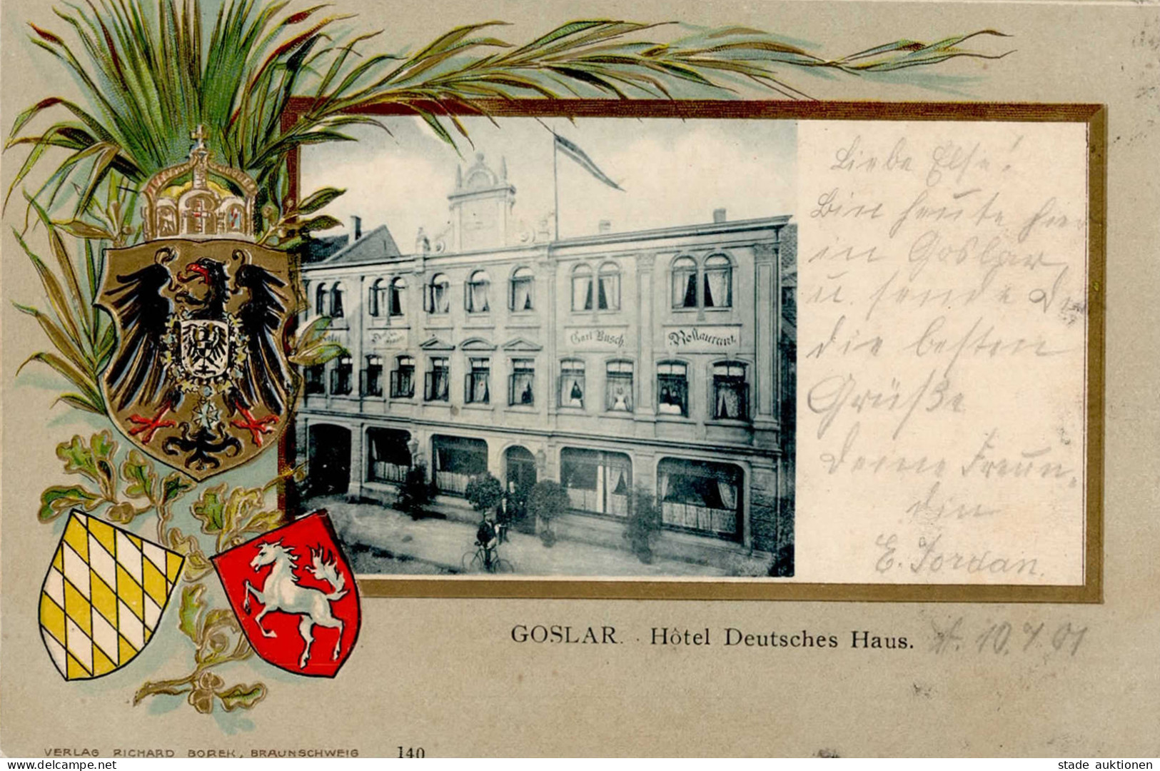 Goslar (3380) Präge-Karte Hotel Deutsches Haus 1901 II- (Reißnagelloch) - Goslar