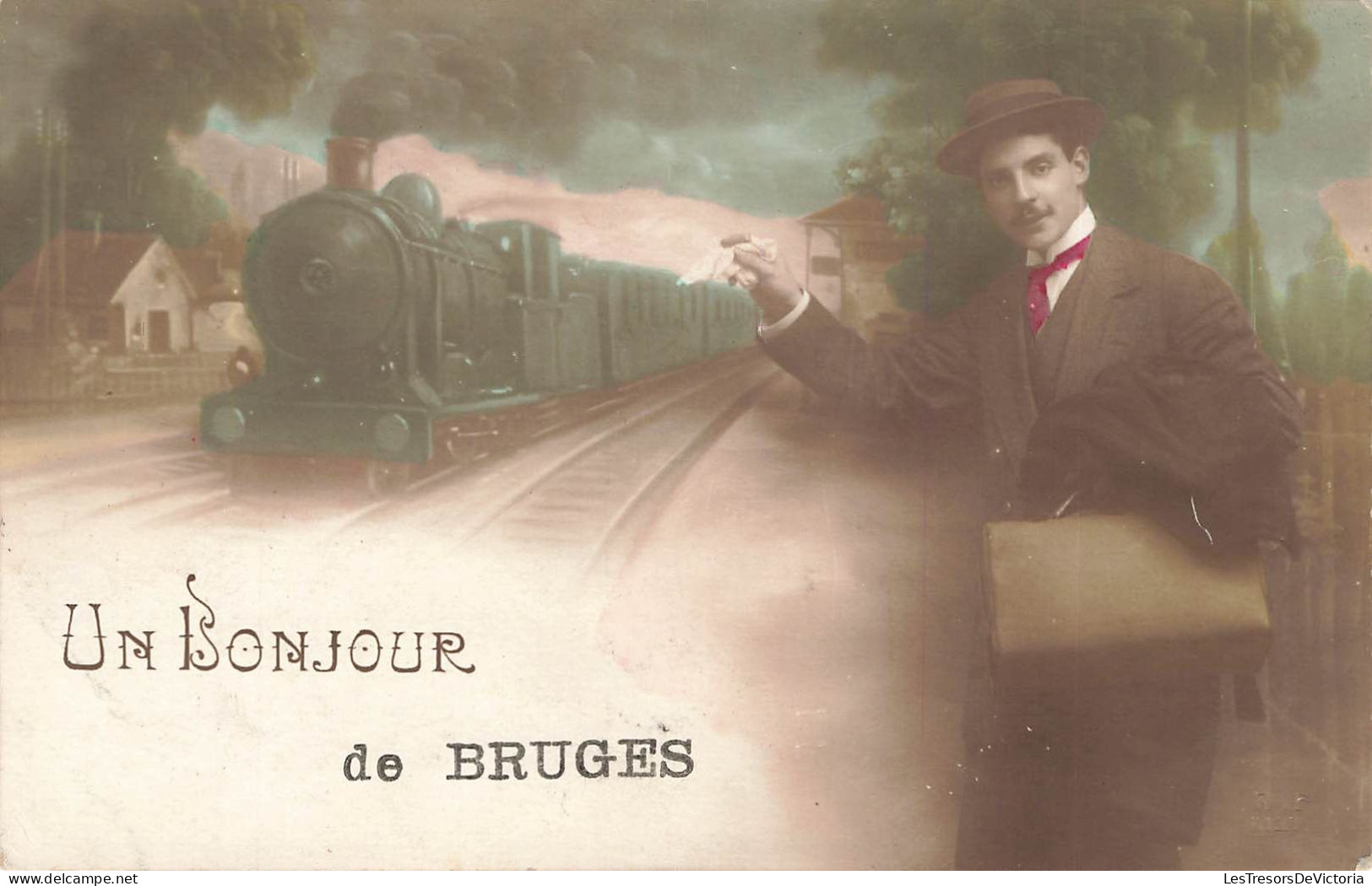 BELGIQUE - Un Bonjour De Bruges - Train - Homme  - Colorisé - Carte Postale Ancienne - Brugge