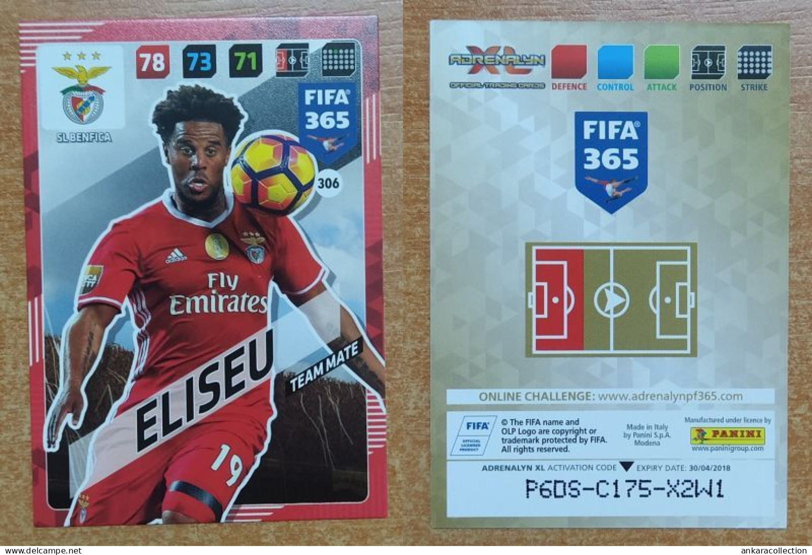 AC - 306 ELISEU  SL BENFICA  PANINI FIFA 365 2018 ADRENALYN TRADING CARD - Skating (Figure)