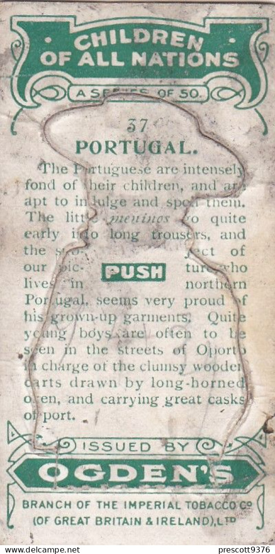 37 Portugal - Children Of All Nations 1924  - Ogdens  Cigarette Card - Original, Antique, Push Out - Ogden's