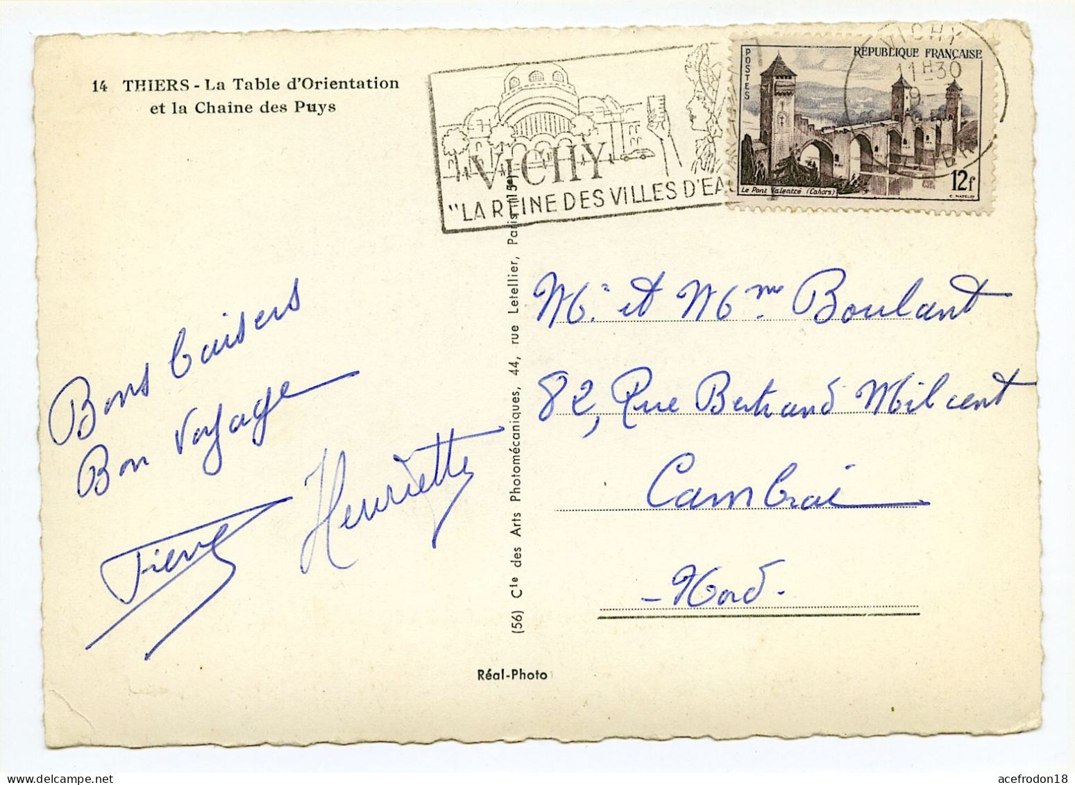 CP Postée De Vichy (03) Pour Cambrai (59) - Thiers - Timbre 12f Pont Valentré 1957 - Used Stamps