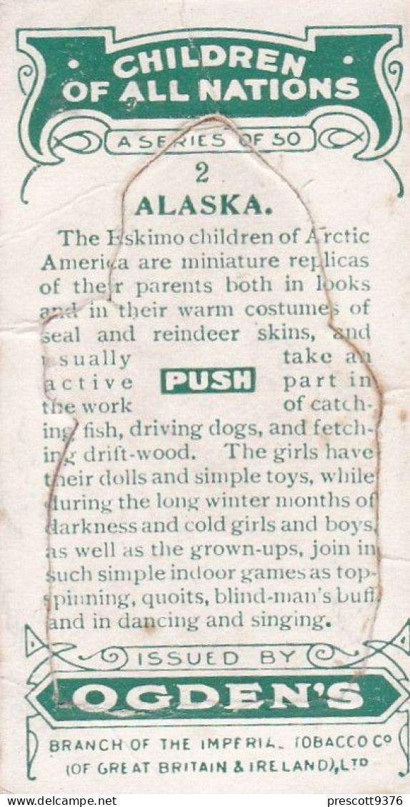 2 Alaska, Eskimo - Children Of All Nations 1924  - Ogdens  Cigarette Card - Original, Antique, Push Out - Ogden's