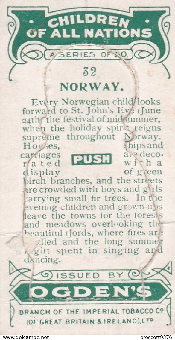 32 Norway - Children Of All Nations 1924  - Ogdens  Cigarette Card - Original, Antique, Push Out - Ogden's