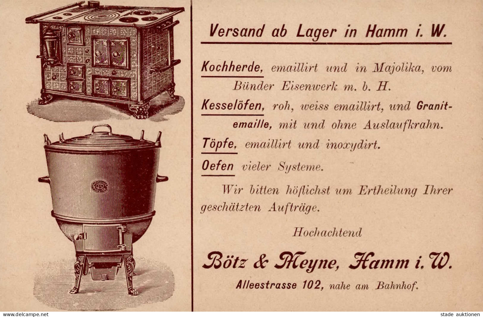 Hamm (4700) Bötz & Meyne Alleestrasse 102 Kochherd Töpfe Öfen Kesselöfen Werbe-AK I- - Hamm