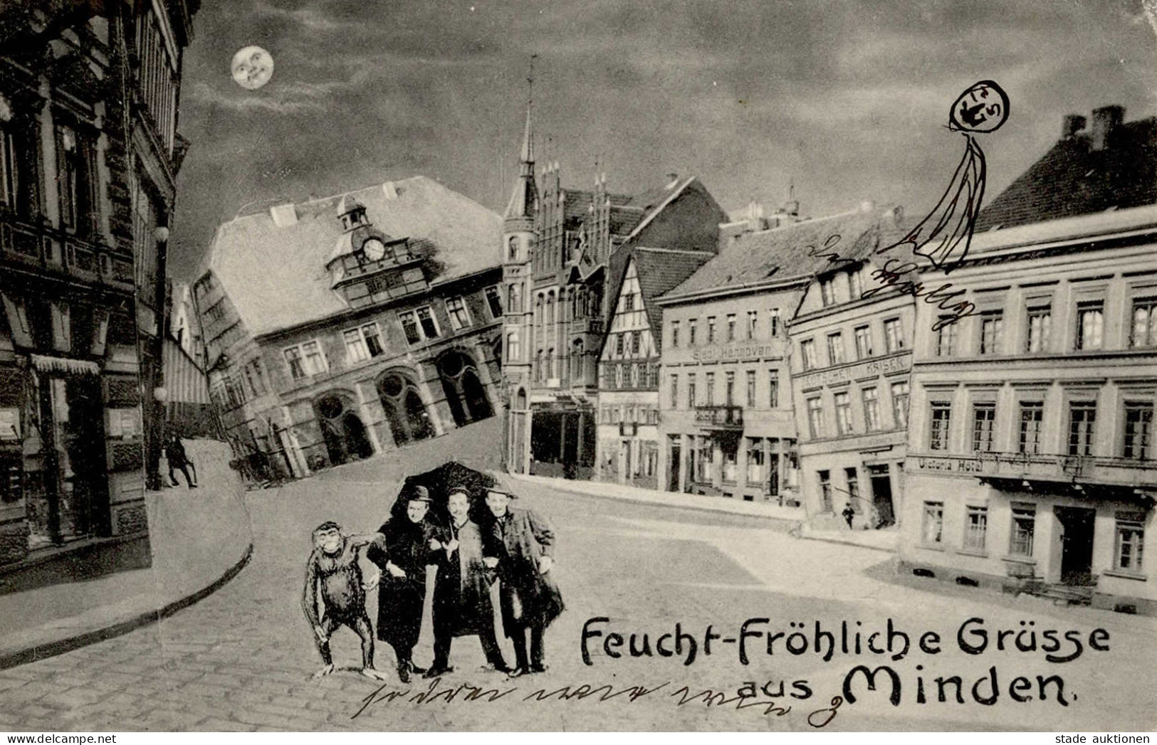 Minden (4950) Feucht-fröhliche Grüsse Affe Hotel Victoria II 1910 (VS Beschrieben Ecke Gestaucht) - Minden