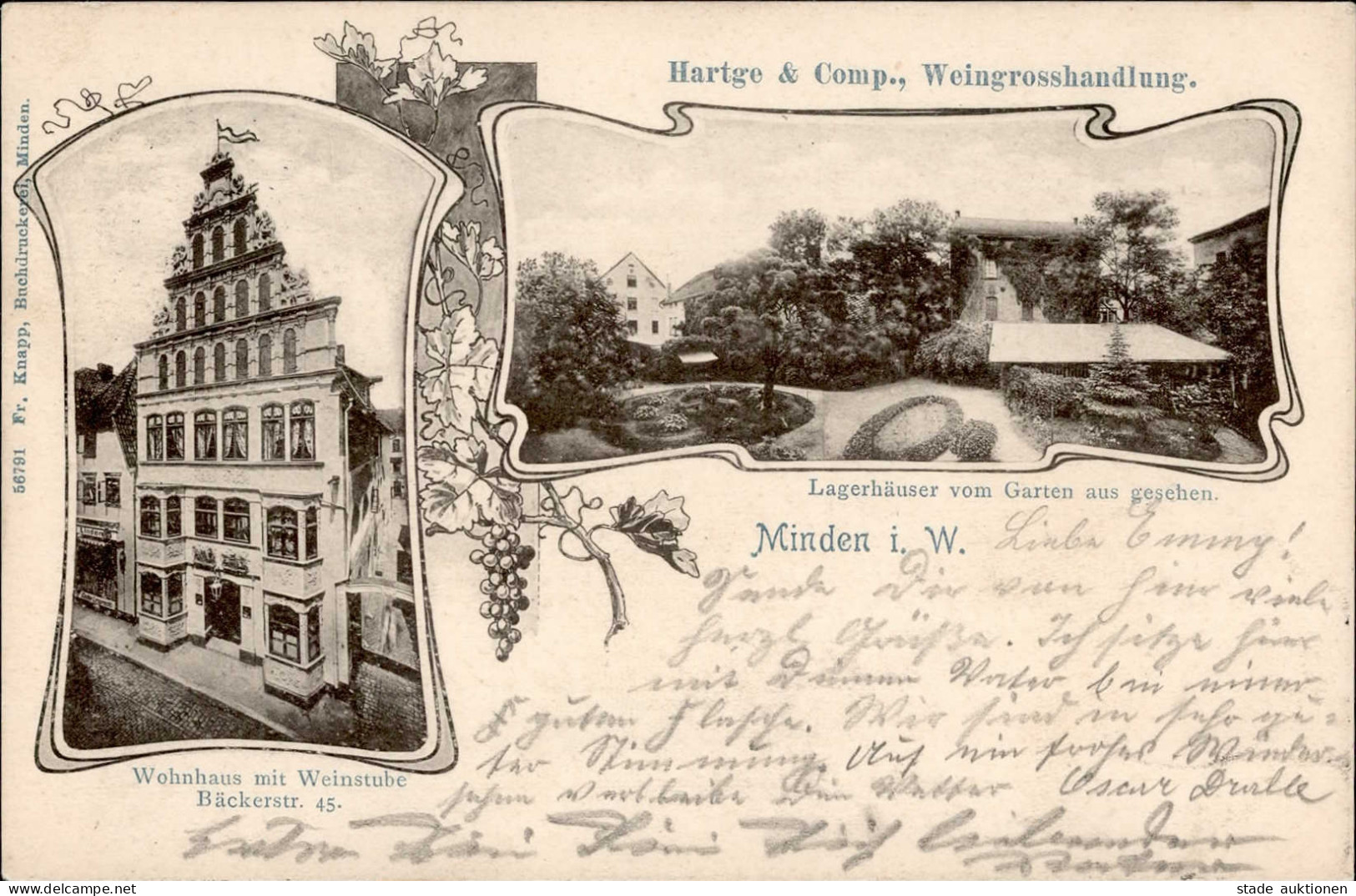 Minden (4950) Weingrosshandlung Hartge & Comp. Gasthaus Zur Weinstube Bäckerstrasse 1902 I- - Minden