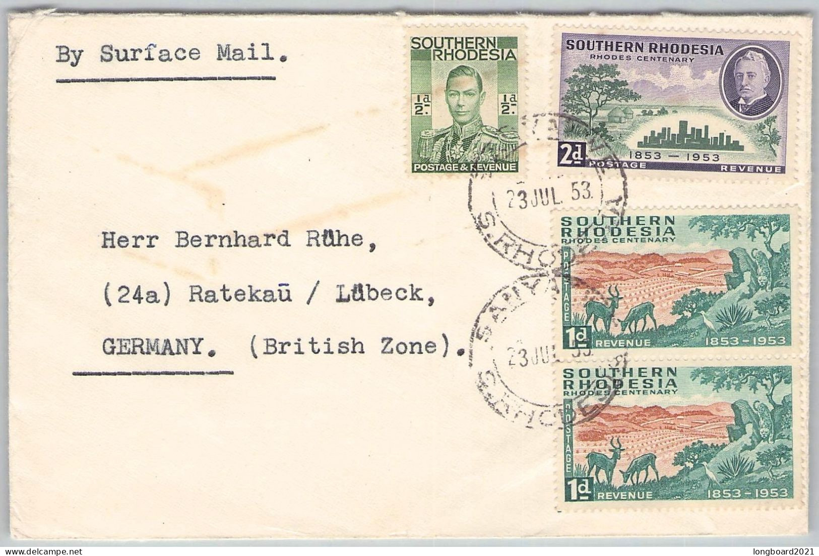 SOUTH RHODESIA - SURFACE MAIL SALISBURY - RATEKAU/DE 1953 / 6326 - Rodesia Del Sur (...-1964)