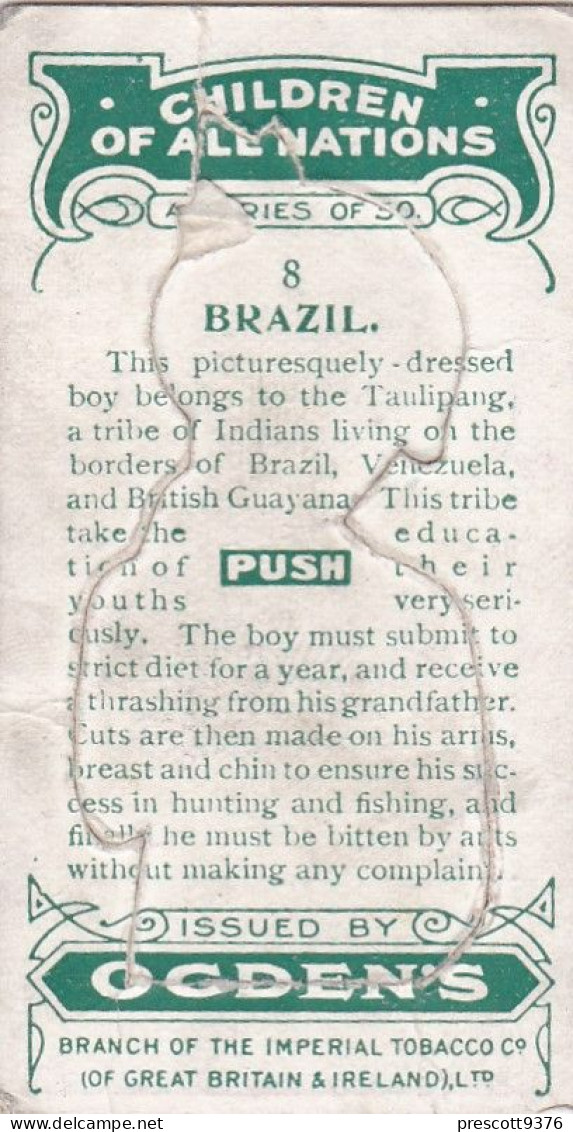 8 Brazil - Children Of All Nations 1924  - Ogdens  Cigarette Card - Original, Antique, Push Out - Ogden's