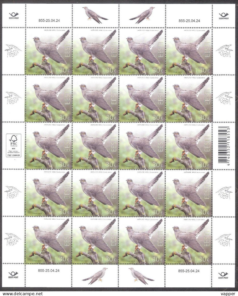 Bird Of The Year -the Common Cuckoo Estonia 2024 MNH  Stamp Sheet Of 20 Mi 1103 - Cuculi, Turaco