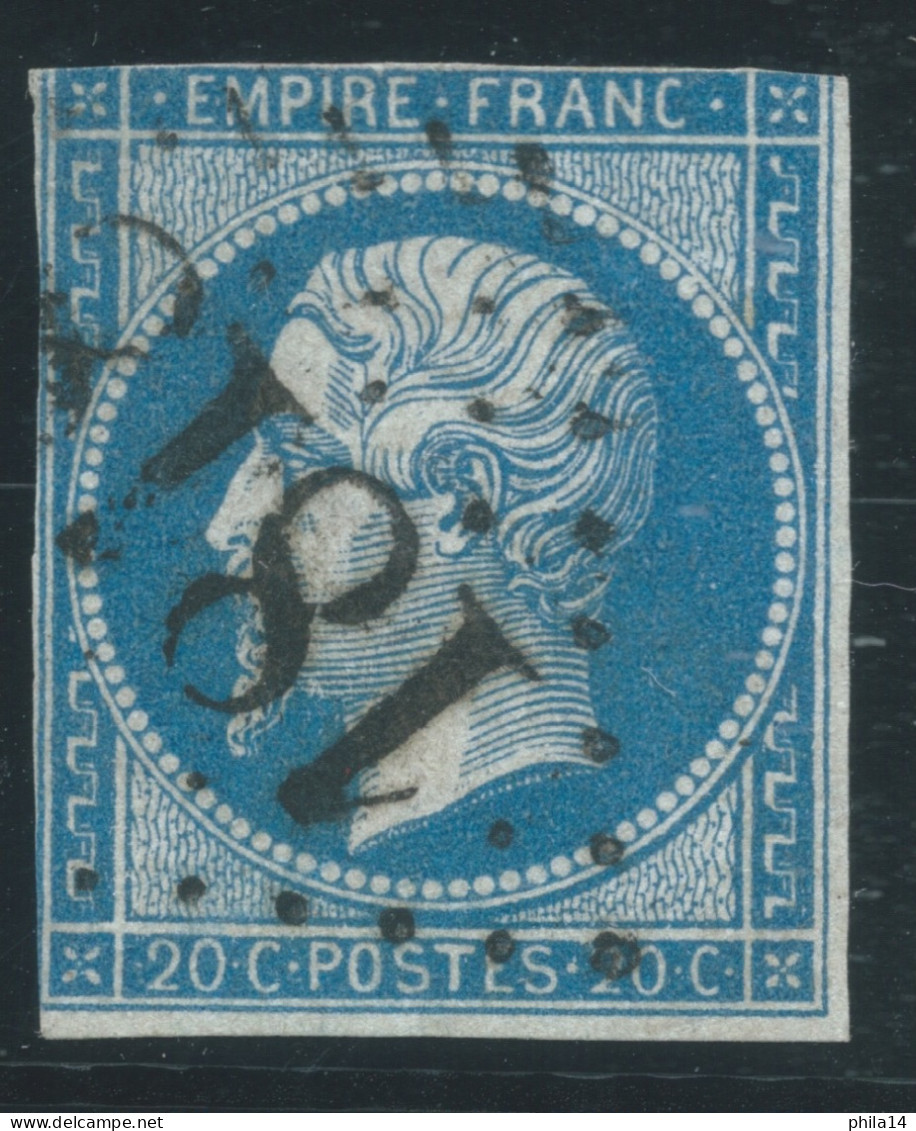 N°14 20c BLEU NAPOLEON / GC 1818 DELIE / CACHET D'ESSAI REALISE A LYON ENTRE LE 20 ET LE 25 FEV 1862 - 1853-1860 Napoléon III