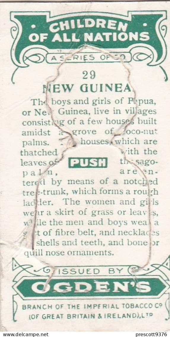 29 Papua New Guinea - Children Of All Nations 1924  - Ogdens  Cigarette Card - Original, Antique, Push Out - Ogden's