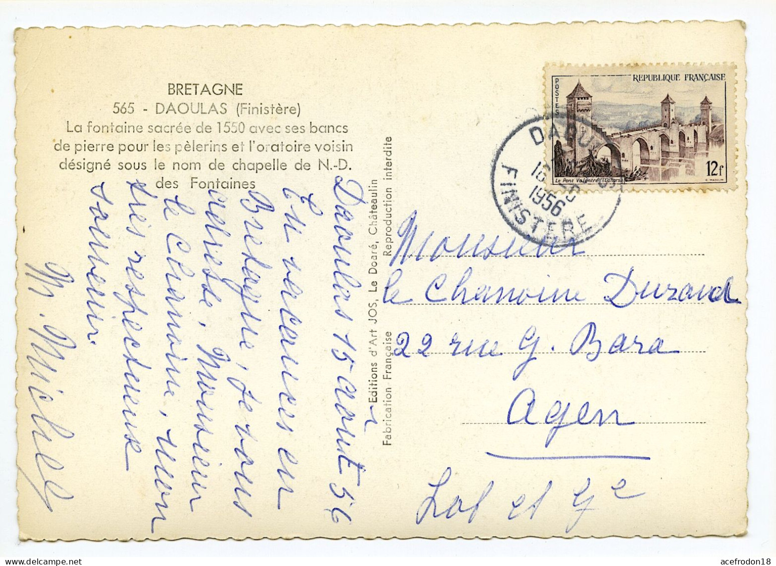 CP Postée De Daoulas (29) Pour Agen (47) - La Fontaine - TB 12f Pont Valentré 1956 - Used Stamps