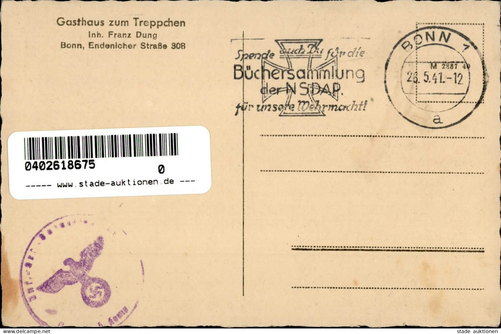 Bonn (5300) Gasthaus Zum Treppchen Endenloher Strasse WK II Stempel I - Bonn