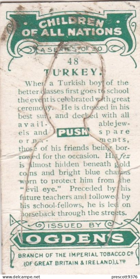 48 Turkey - Children Of All Nations 1924  - Ogdens  Cigarette Card - Original, Antique, Push Out - Ogden's