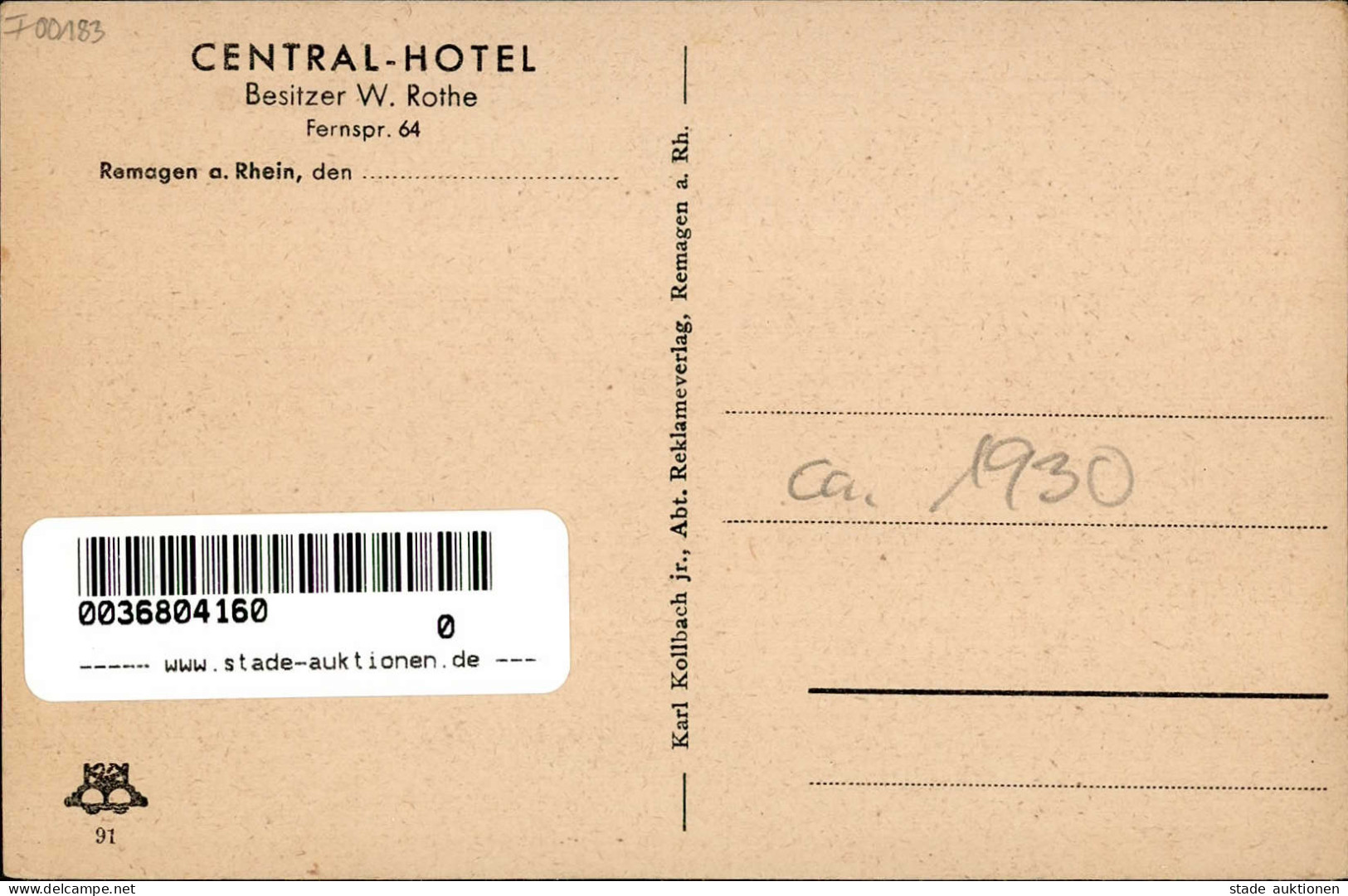 Remagen (5480) Central-Hotel Inh. Rothe I-II - Other & Unclassified