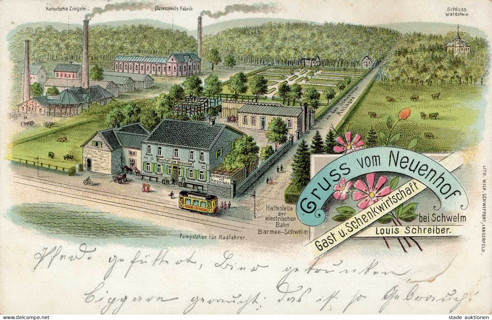 Schwelm (5830) Gasthaus Zum Neuenhof Straßenbahn Fabrik Rumscheit Ziegelei Schloss Waldstein 1901 I- - Schwelm