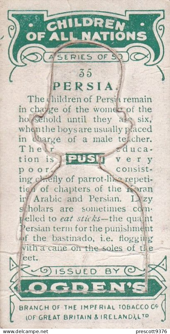 35 Persia - Children Of All Nations 1924  - Ogdens  Cigarette Card - Original, Antique, Push Out - Ogden's