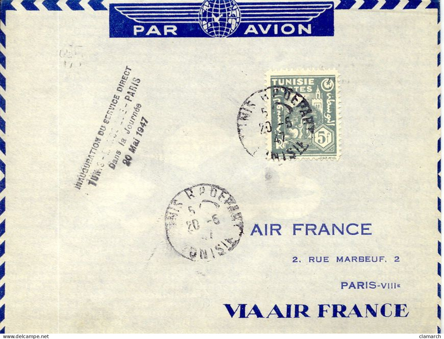 Aérophilatélie-Inauguration Du Service Directe TUNIS-MARSEILLE-PARIS Dansla Journée Par Air-France-cachet De Tunis Du 20 - Primi Voli
