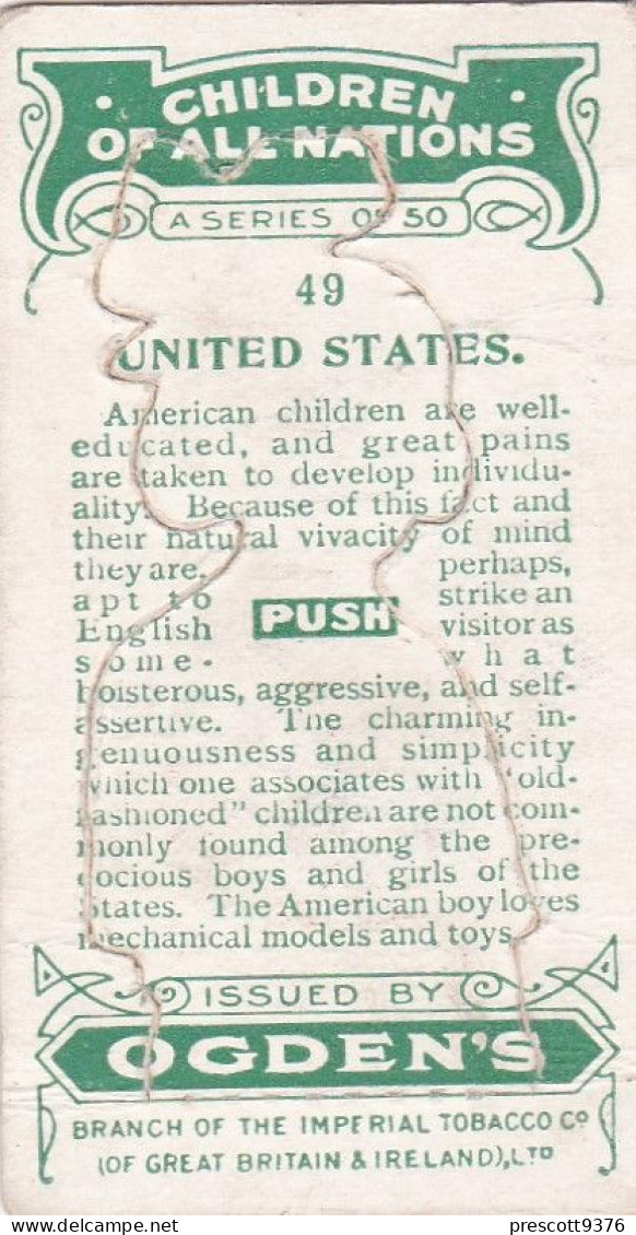 49 United States - Children Of All Nations 1924  - Ogdens  Cigarette Card - Original, Antique, Push Out - Ogden's