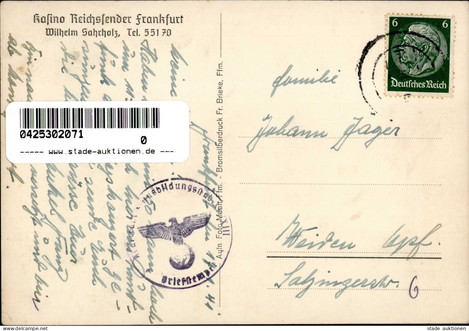 Frankfurt Am Main (6000) Gasthaus Zum Reichsadler WK II Stempel II (kleine Stauchung) - Frankfurt A. Main