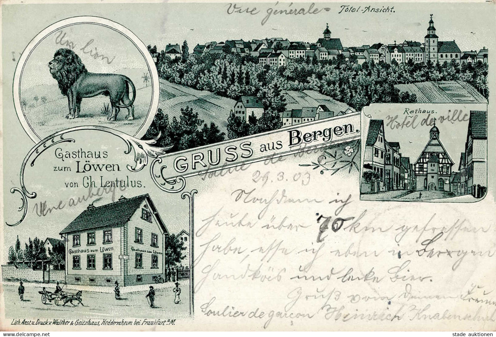 Frankfurt Bergen-Enkheim (6000) Gasthaus Zum Löwen Rathaus Heddernheim 1903 I-II (fleckig, Ecke Gestaucht) - Frankfurt A. Main