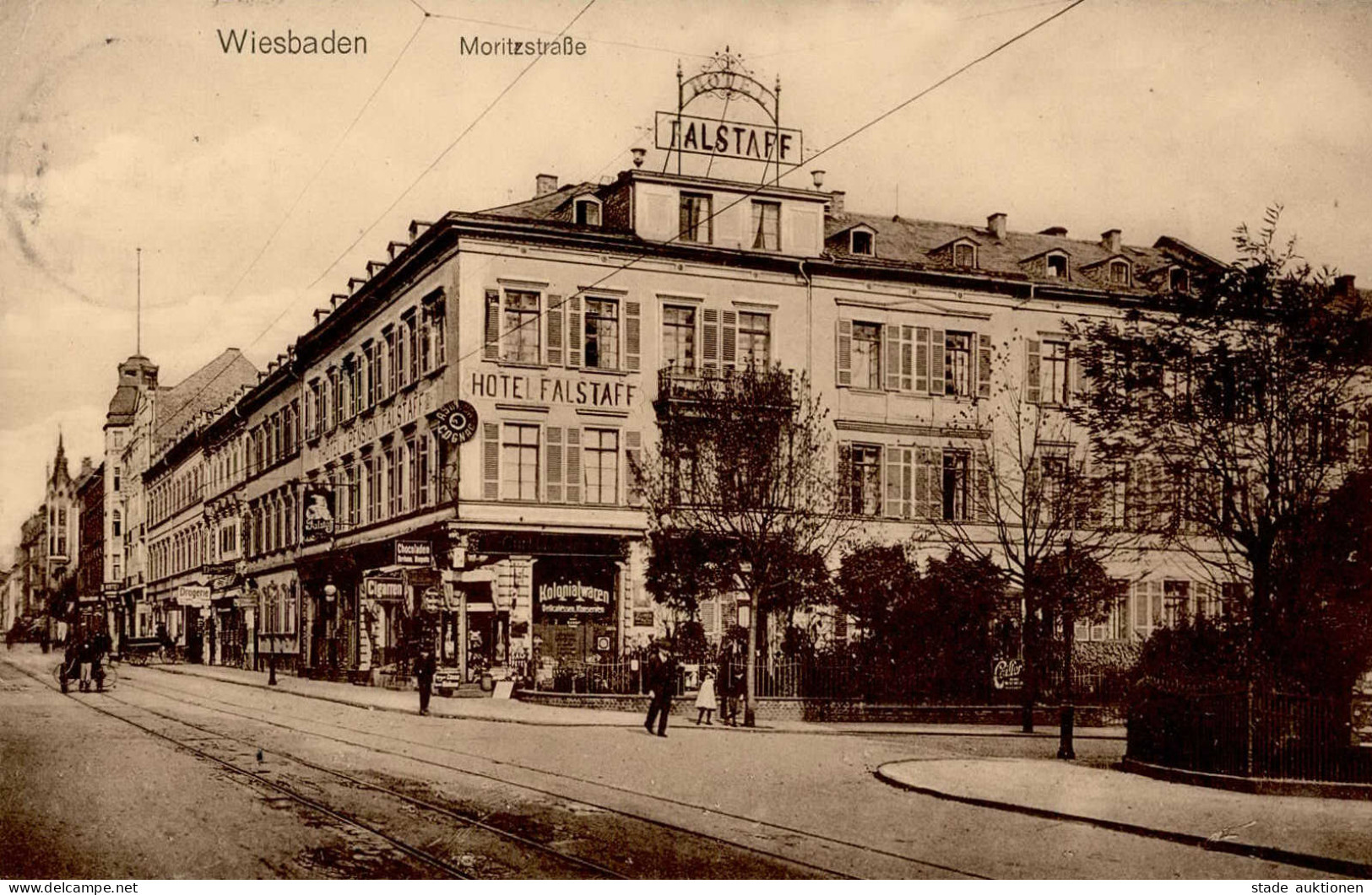 Wiesbaden (6200) Moritzstrasse Hotel Falstaff Kolonialwarenhandlung Emailschild 1913 II (kleine Stauchung) - Wiesbaden