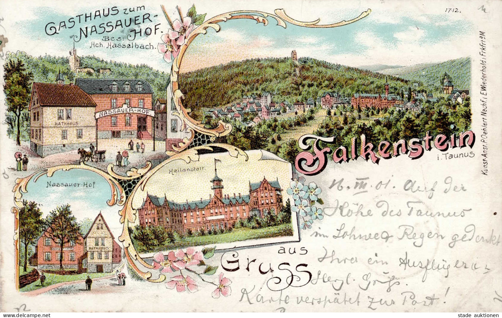 Falkenstein (6240) Gasthaus Nassauer Hof Rathaus Heilanstalt 1901 II (Stempeldurchdruck) - Autres & Non Classés