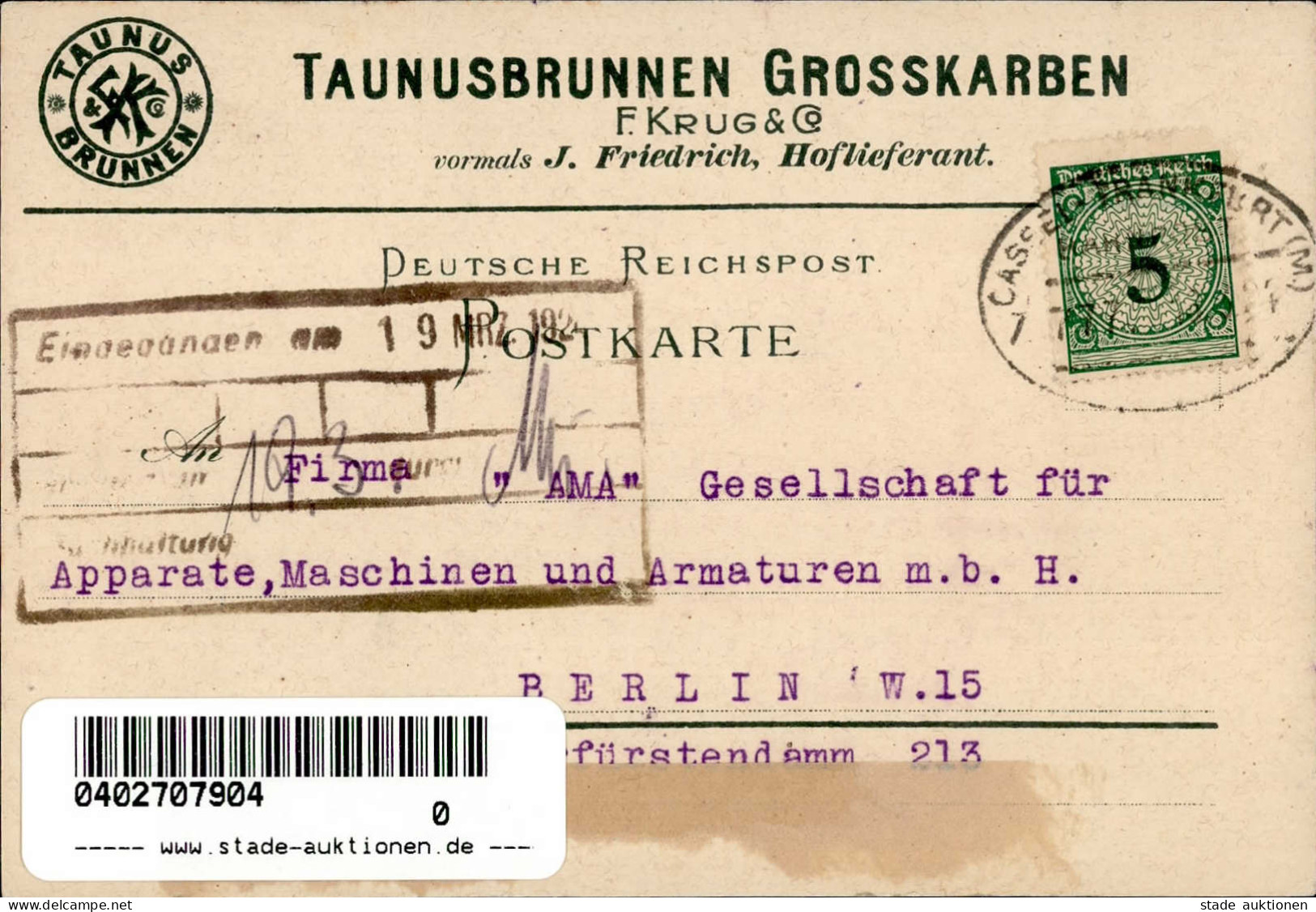 Groß-Karben Taunus-Brunnen (6367) Werbe-Karte Fabrik F. Krug & Co. II (Klebereste RS) - Other & Unclassified