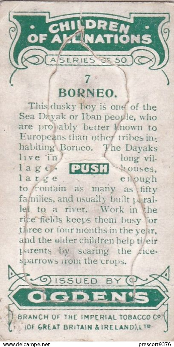 7 Borneo  - Children Of All Nations 1924  - Ogdens  Cigarette Card - Original, Antique, Push Out - Ogden's